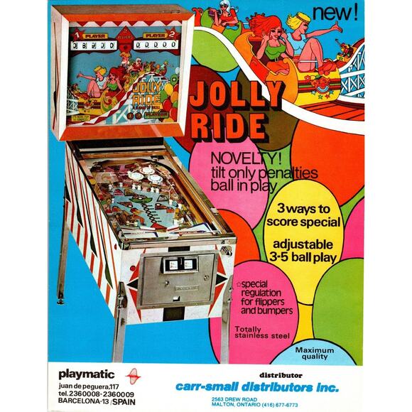 Jolly Ride Pinball Flyer Original Roller Coaster Carnival Art Playmatic